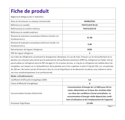 Climatiseur Mobile Whirlpool PACF212CO W – 12000 BTU, Classe A, R290, 6ème Sens