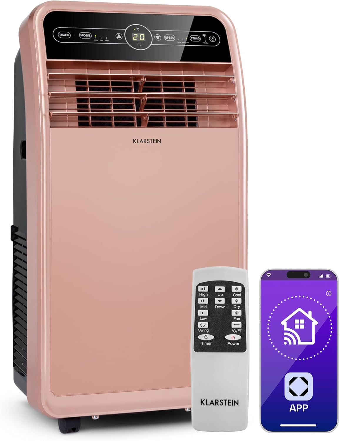Climatiseur Mobile Smart Klarstein 12000 BTU – Classe A, R290, Inverter, Connecté, 52 dB, Rose