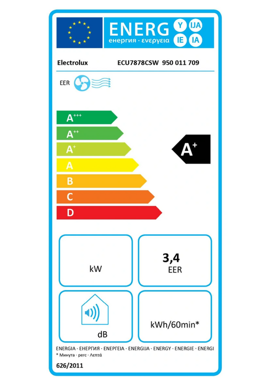 Climatiseur Mobile Electrolux ECU7878CSW Comfort 700 – 3400 W, Classe A+, Inverter, Filtre HEPA, 43 dB