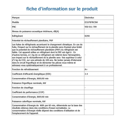 Climatiseur Mobile Electrolux ECU7878CSW Comfort 700 – 3400 W, Classe A+, Inverter, Filtre HEPA, 43 dB