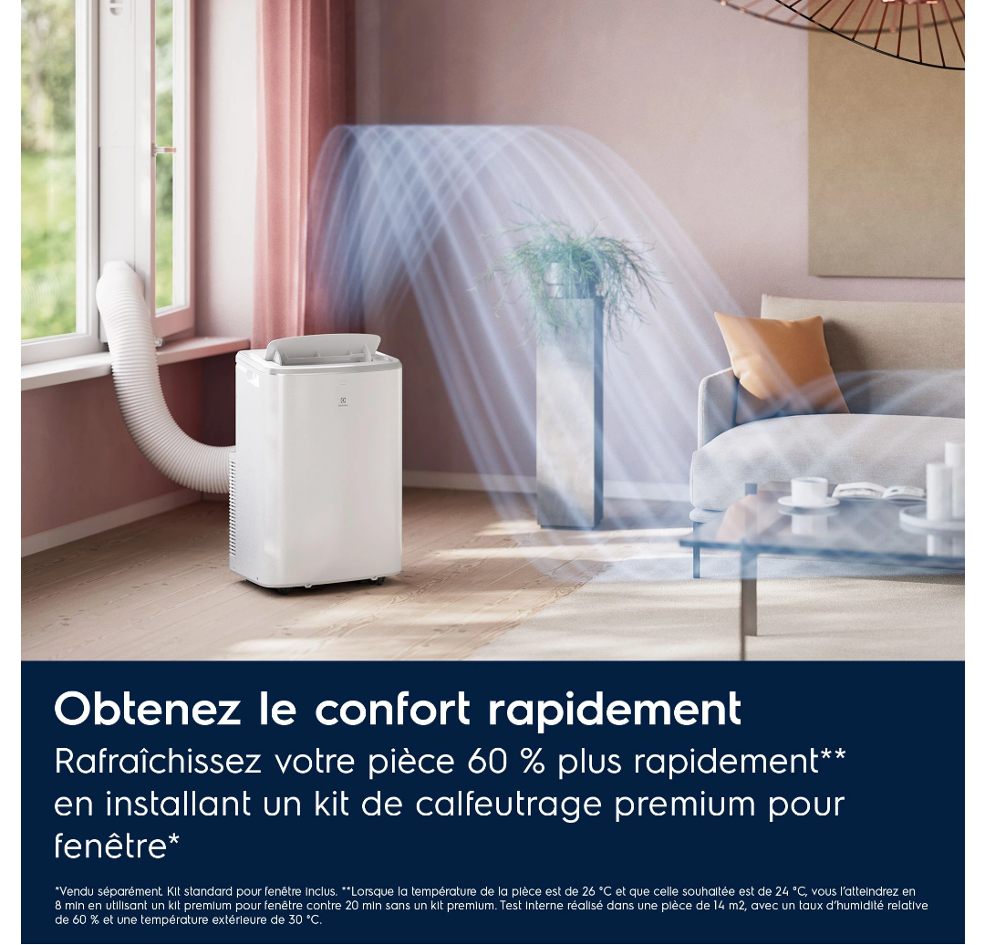 Climatiseur Mobile Réversible Electrolux EXP38U340HW Comfort 600 – 2600 W, Classe A, R290, Connecté