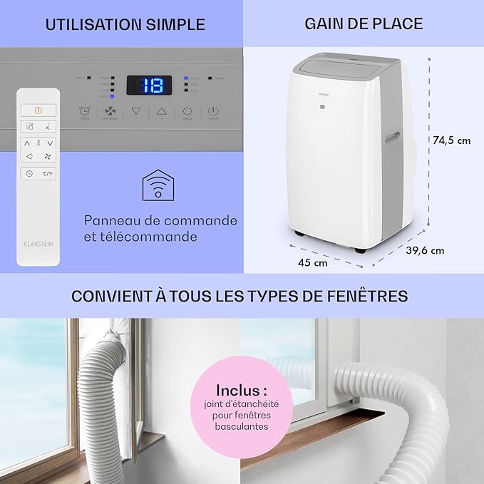 Climatiseur Mobile Klarstein 12000 BTU – Classe A+, R290, SEER 13, Silencieux 63 dB