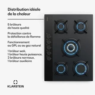 Plaque gaz KLARSTEIN Goldflame Nano Plaque de cuisson gaz 5 brûleurs en laiton 8 kW Table de cuisson à gaz - Gaz naturel/GPL