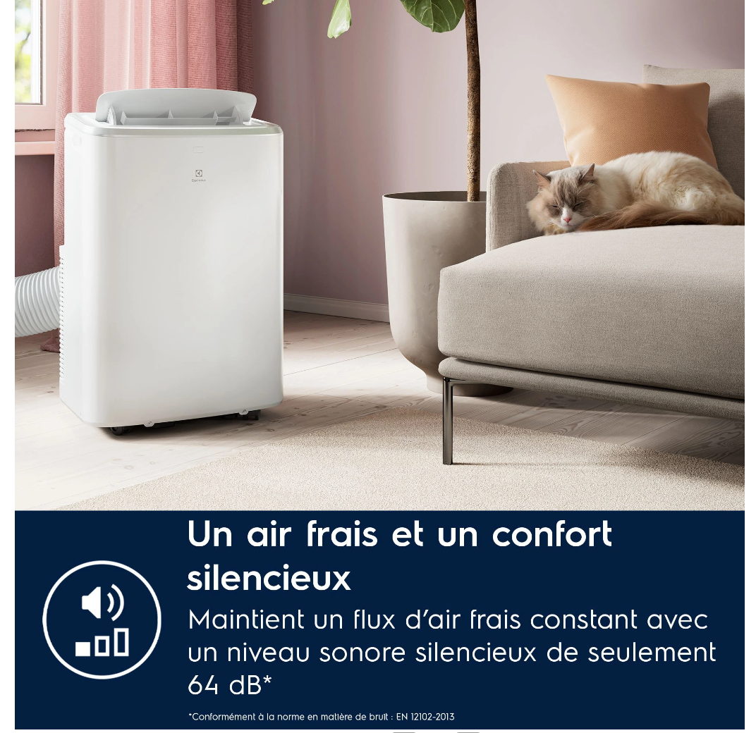 Climatiseur Mobile Réversible Electrolux EXP38U340HW Comfort 600 – 2600 W, Classe A, R290, Connecté