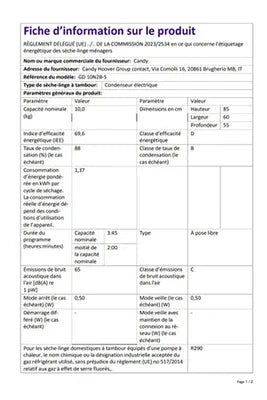 Sèche-linge pompe à chaleur Candy GD 10N2B-S Blanc
