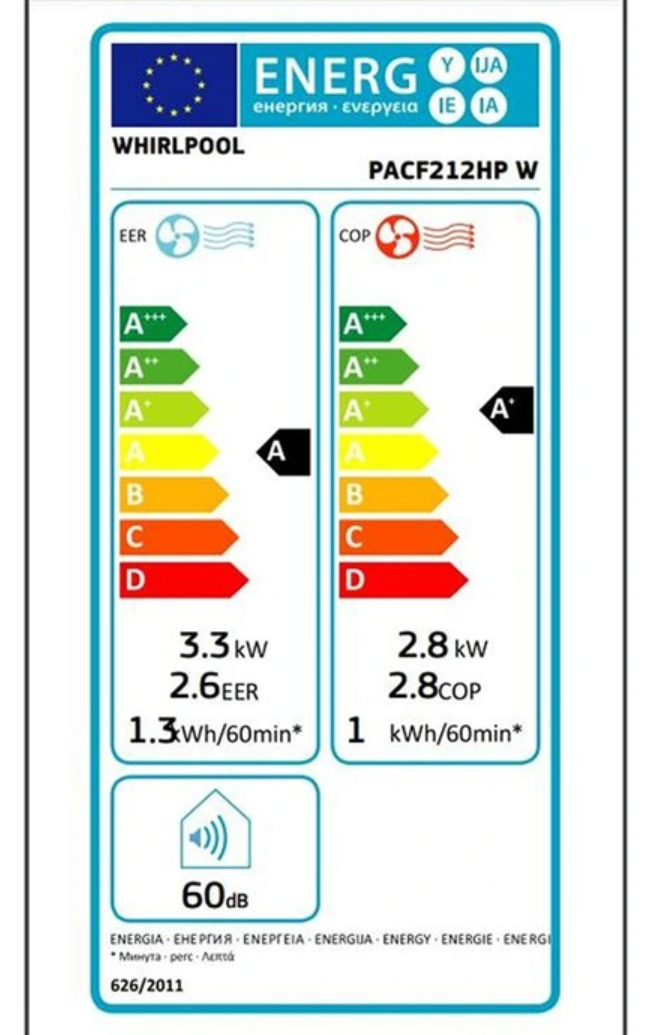 Climatiseur Mobile Réversible Whirlpool PACF212HPW – 3300 W, Classe A/A+, R290, 6ème Sens