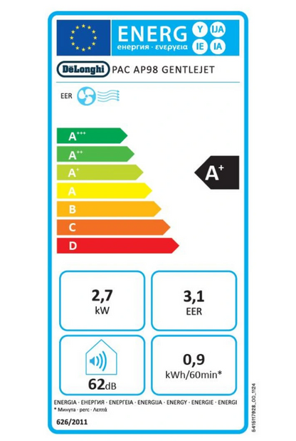 Climatiseur Mobile De'Longhi PACAP98 GentleJet – 11500 BTU, Classe A+, R290, GentleJet 180°