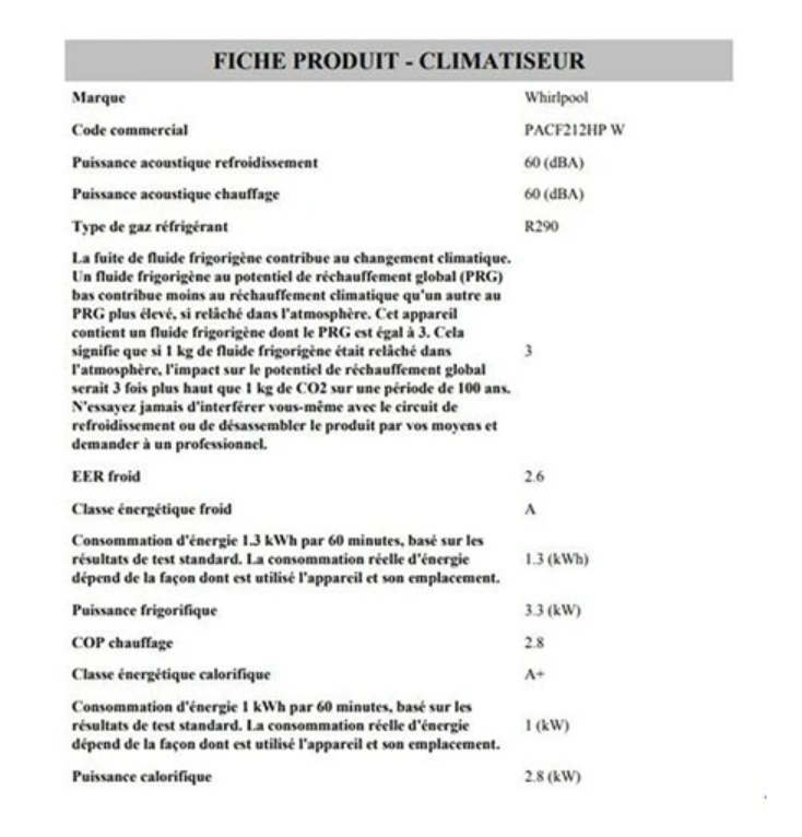 Climatiseur Mobile Réversible Whirlpool PACF212HPW – 3300 W, Classe A/A+, R290, 6ème Sens