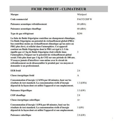 Climatiseur Mobile Réversible Whirlpool PACF212HPW – 3300 W, Classe A/A+, R290, 6ème Sens